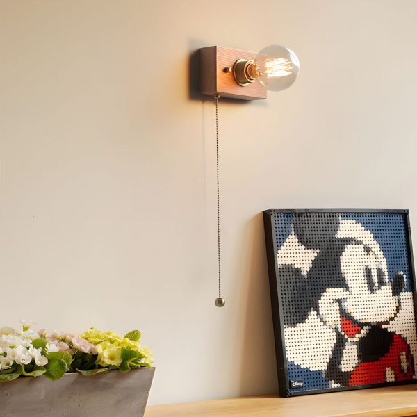 Round/Square Vintage Walnut Wood Wall Lamp 1-light with Pull Chain Switch - Image 4
