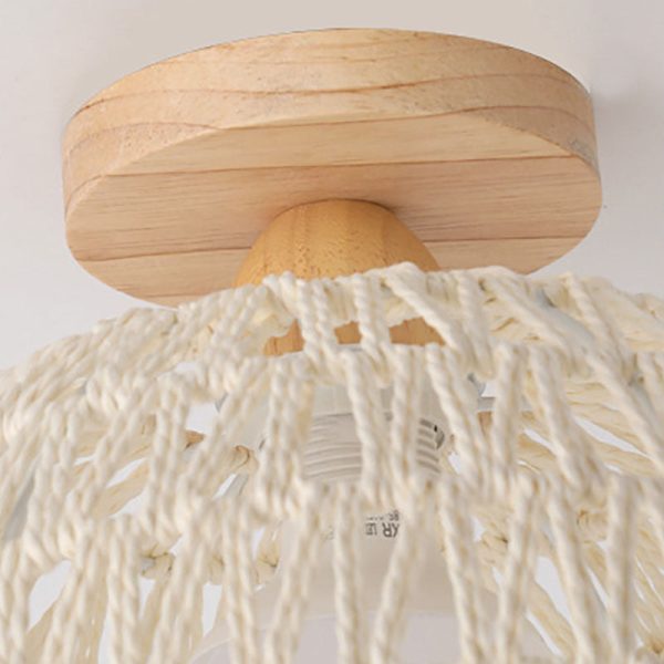 Traditional Japanese Half Round Solid Wood Rattan 1-Light Semi-Flush Mount Ceiling Light For Living Room - Image 5