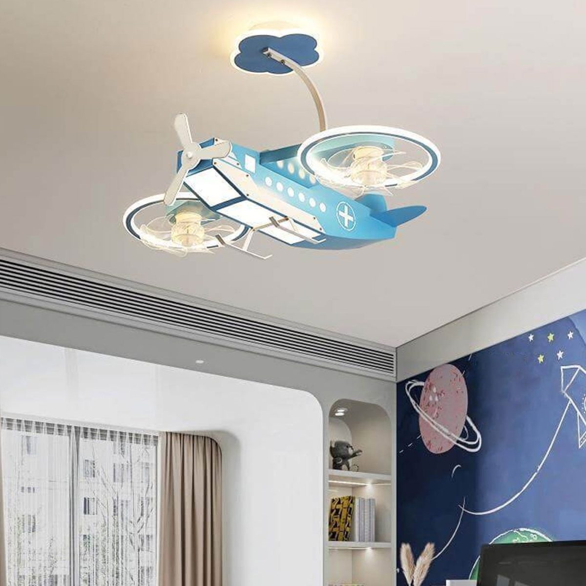 Creative Cartoon Aircraft Kids Flush Mount Ceiling Fan Light - Image 1