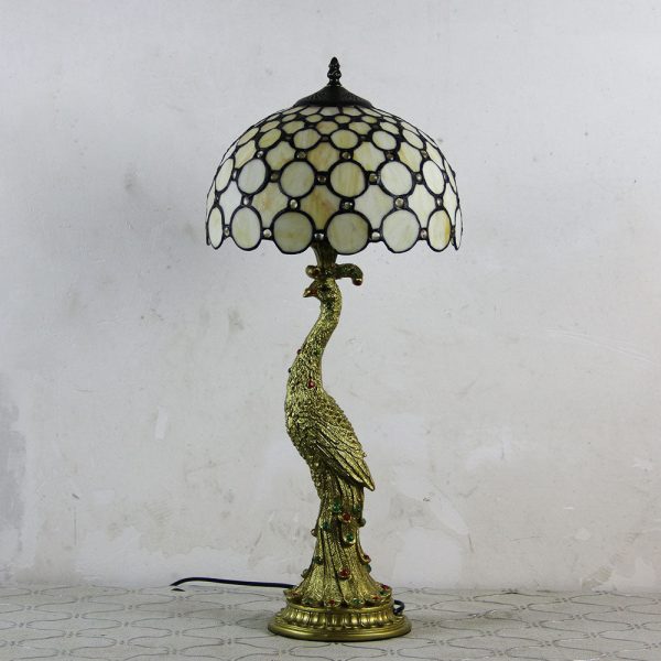 Vintage Tiffany Peacock Gem Dome Glass Resin 1-Light Table Lamp - Image 6