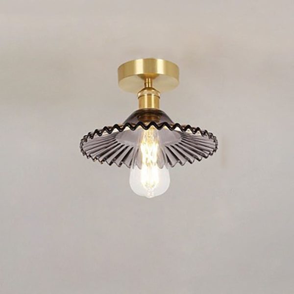 Japanese Vintage Glass Brass Lotus 1-Light Semi-Flush Mount Ceiling Light - Image 8