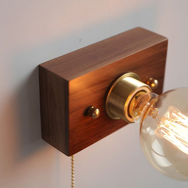 Round/Square Vintage Walnut Wood Wall Lamp 1-light with Pull Chain Switch - Image 9