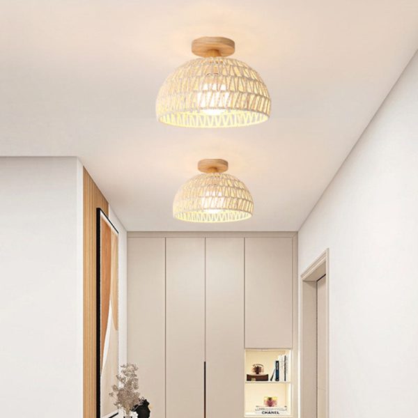 Traditional Japanese Half Round Solid Wood Rattan 1-Light Semi-Flush Mount Ceiling Light For Living Room - Image 10