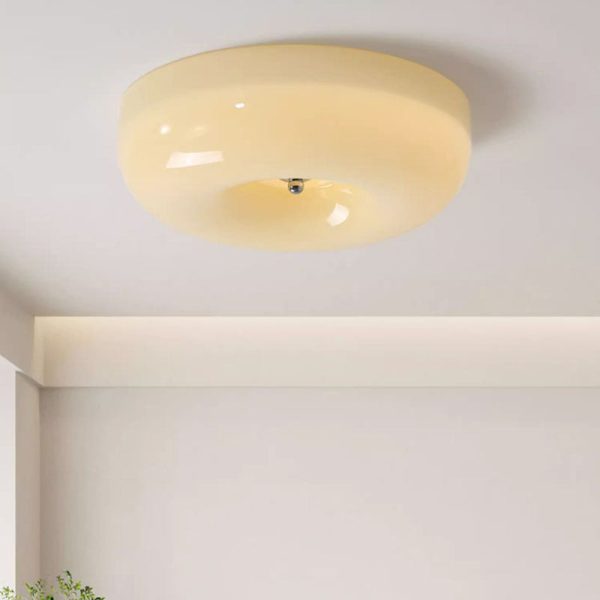 Contemporary Nordic Creamy Yellow Pudding Glass Shade Iron LED Flush Mount Ceiling Light For Living Room - Image 14