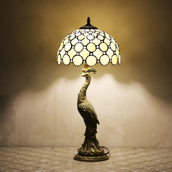 Vintage Tiffany Peacock Gem Dome Glass Resin 1-Light Table Lamp - Image 16