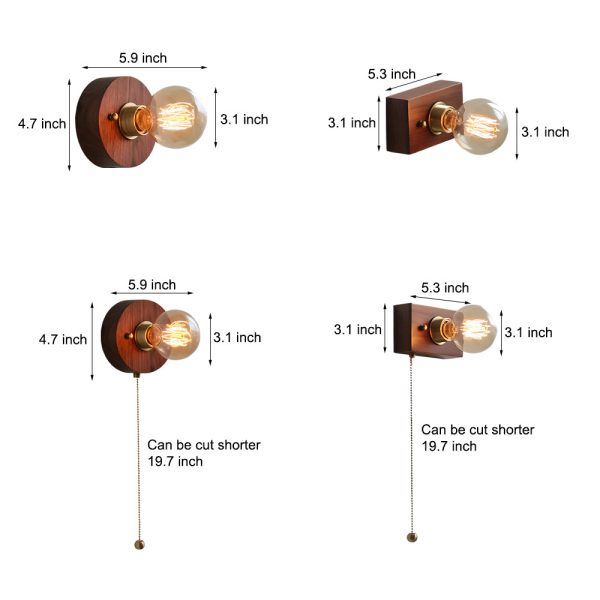 Round/Square Vintage Walnut Wood Wall Lamp 1-light with Pull Chain Switch - Image 10