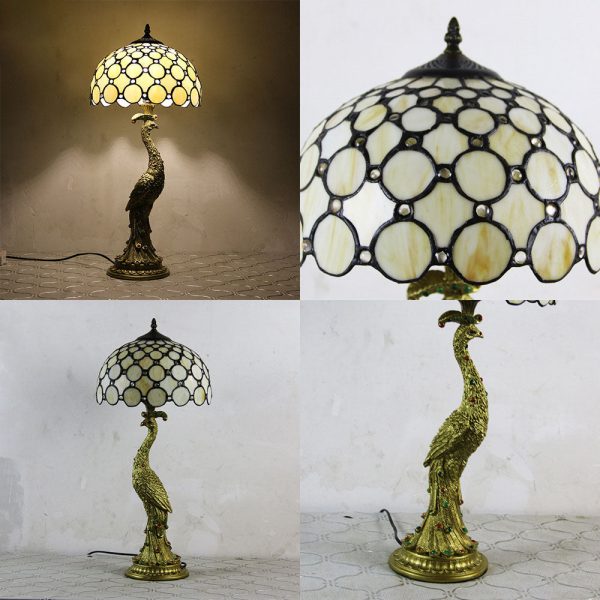 Vintage Tiffany Peacock Gem Dome Glass Resin 1-Light Table Lamp - Image 17