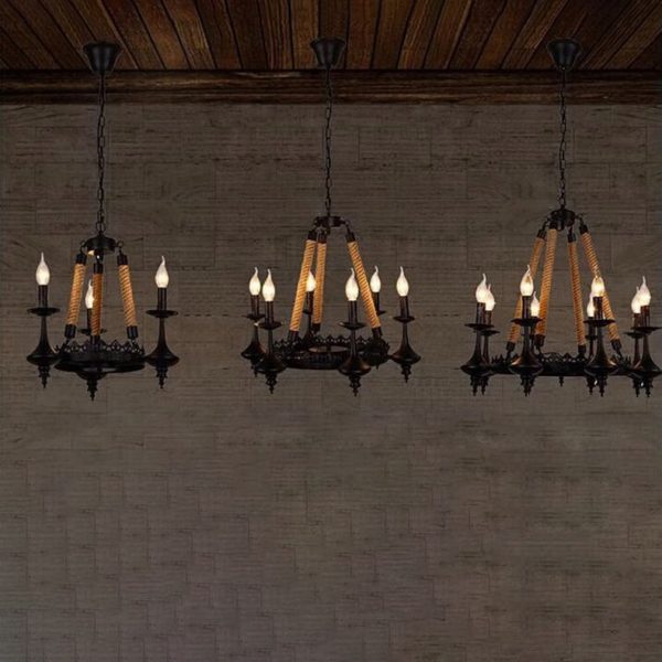 Traditional Vintage Round Candelabra Iron Hemp Rope 3/6/8 Light Chandelier For Living Room - Image 13