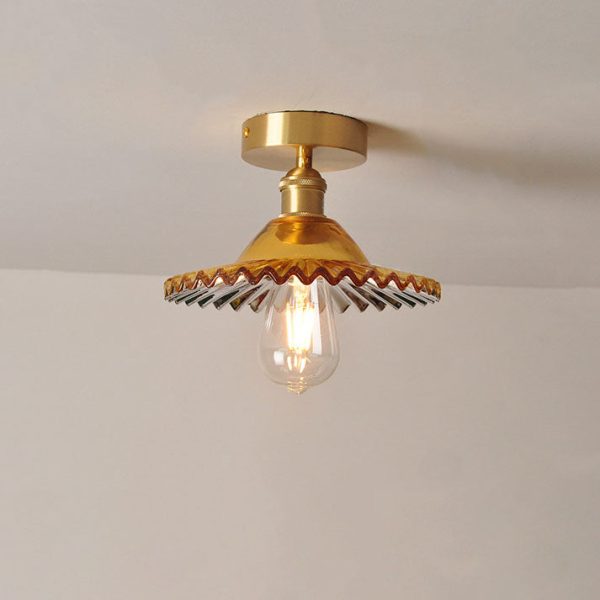 Japanese Vintage Glass Brass Lotus 1-Light Semi-Flush Mount Ceiling Light - Image 9