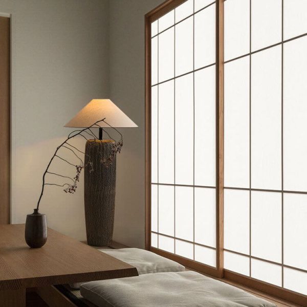 Japanese Wabi-sabi Fabric Shade Ceramic Column Base 1-Light Standing Floor Lamp - Image 11