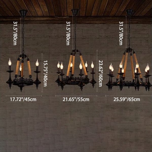 Traditional Vintage Round Candelabra Iron Hemp Rope 3/6/8 Light Chandelier For Living Room - Image 4