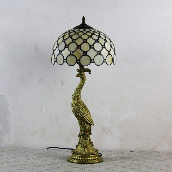 Vintage Tiffany Peacock Gem Dome Glass Resin 1-Light Table Lamp - Image 18