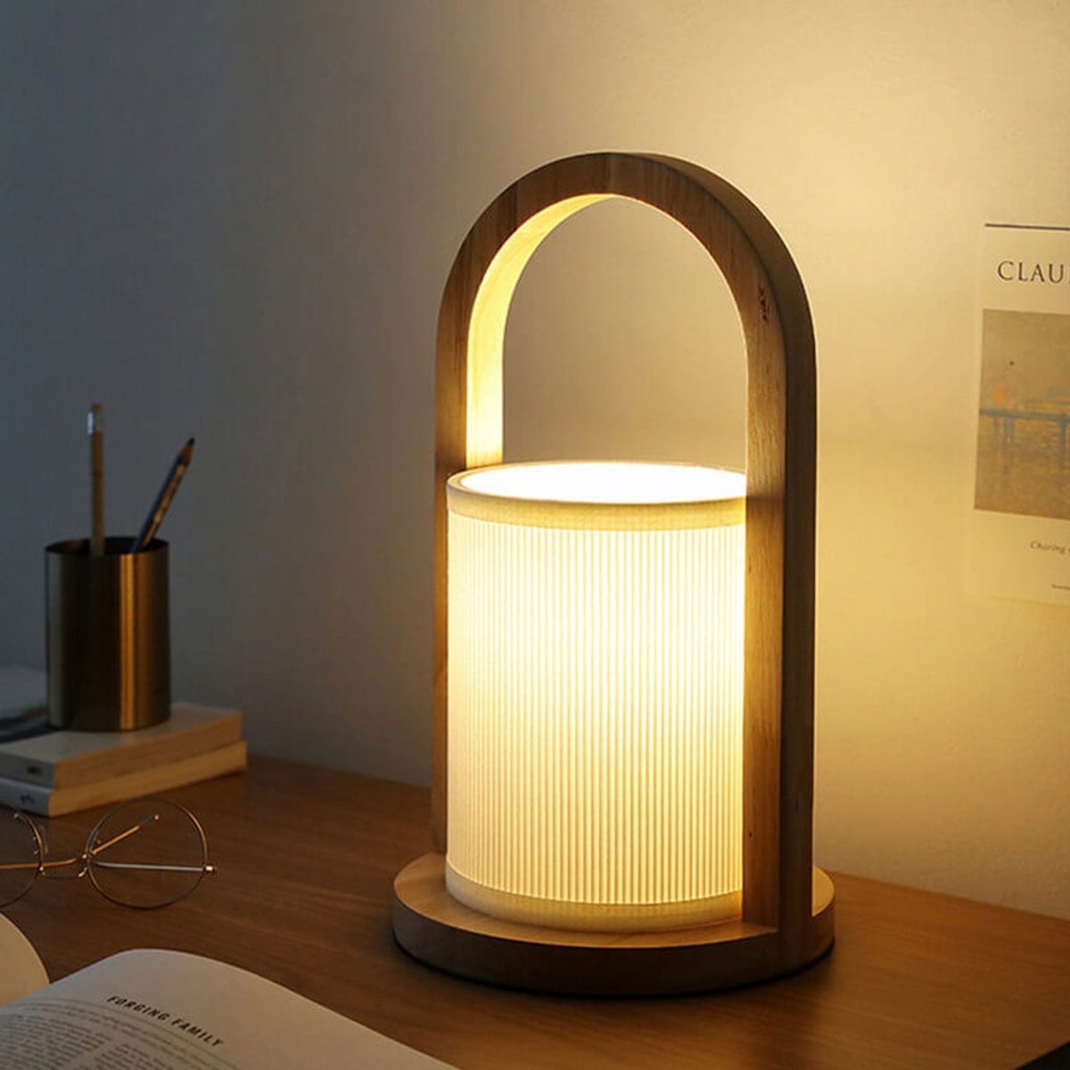 Nordic Fabric Column Solid Wood Portable Design 1-Light Table Lamp - Image 1