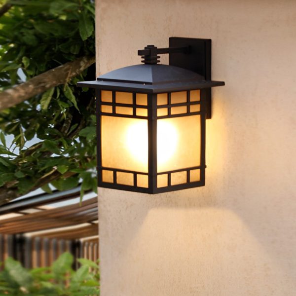 Square Retro Waterproof Yellow Glass Shade Vintage Outdoor Wall Lights - Image 4
