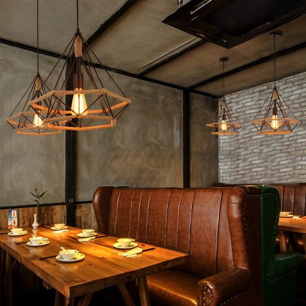 Geometric Creative Iron Rope Lantern Shape Black Rustic Chandelier Pendant Lights - Image 3
