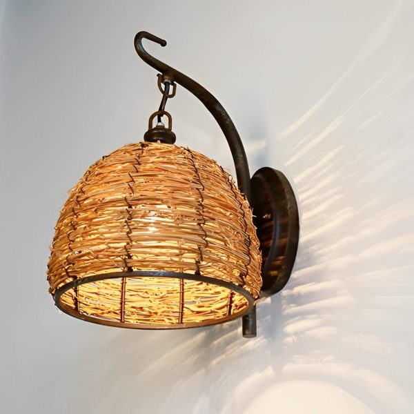 Hand Weaving Rattan Grass Iron Retro Rustic Wall Lamp Wall Light Fixture - Image 5