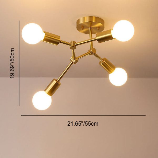 Industrial Simple Exposed Bulb Copper Branch 3/4 Light Semi-Flush Mount Ceiling Light - Image 9