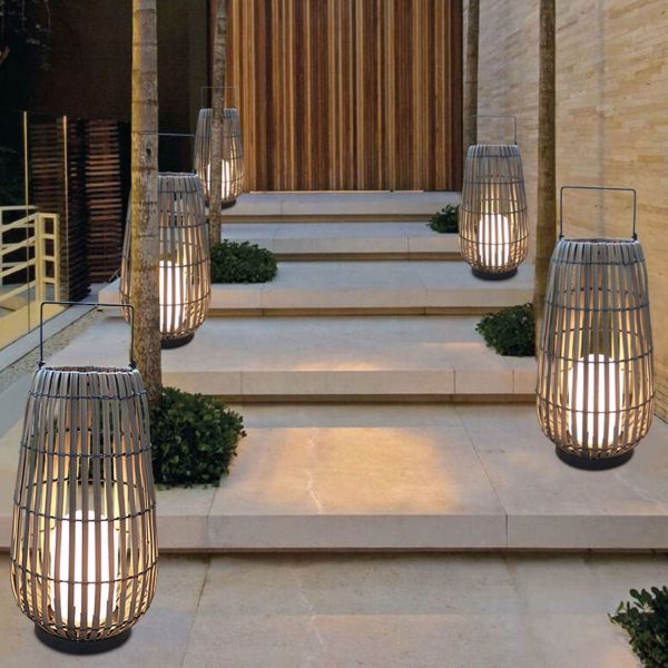Modern Rattan Weaving Oval Cage Outdoor Patio Waterproof Floor Lamp - Image 12