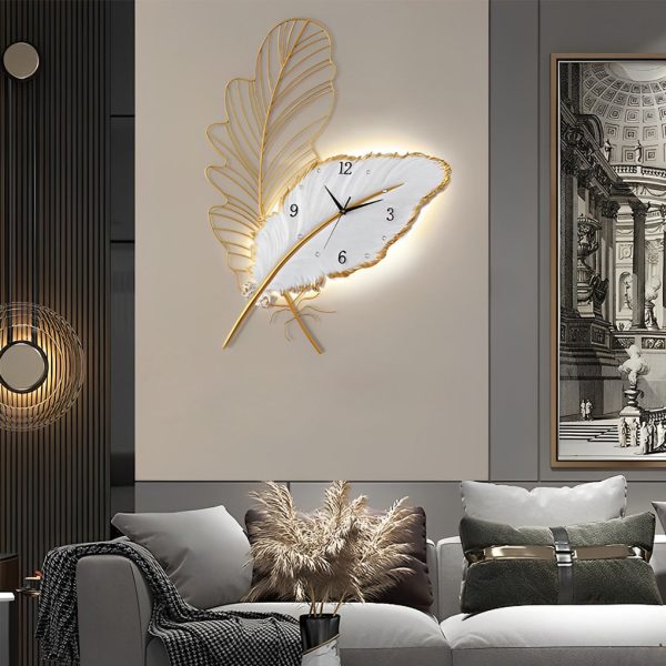 Resin Feather Wall Clock Silent Wall Painting LED Lights Art Decor - Image 2