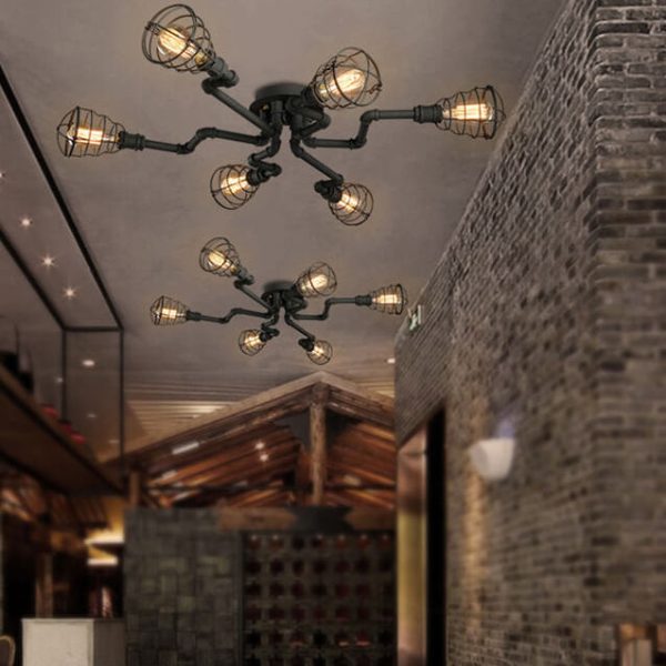 Industrial Vintage Water Pipe Round Iron 4/6/8 Light Flush Mount Ceiling Light - Image 2