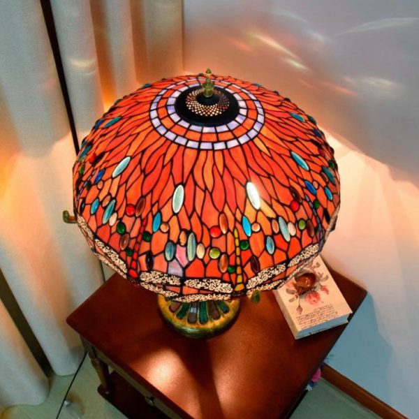 Tiffany Vintage Red Glass Dragonfly Design 4-Light Table Lamp - Image 4