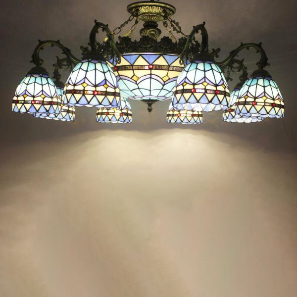 Tiffany Retro Beige Baroque Stained Glass 11-Light Semi-Flush Mount Ceiling Light - Image 2