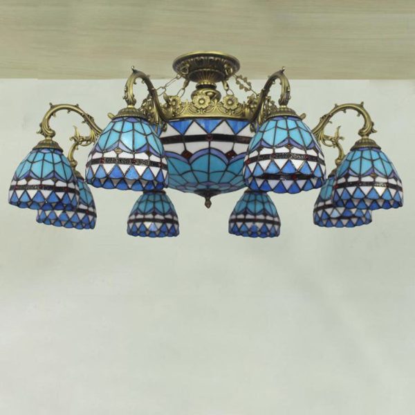 Tiffany Retro Beige Baroque Stained Glass 11-Light Semi-Flush Mount Ceiling Light - Image 9