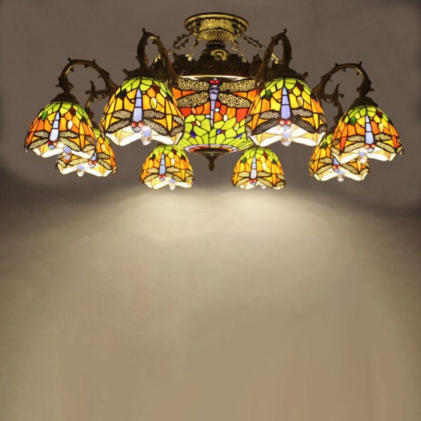Tiffany Retro Beige Baroque Stained Glass 11-Light Semi-Flush Mount Ceiling Light - Image 4