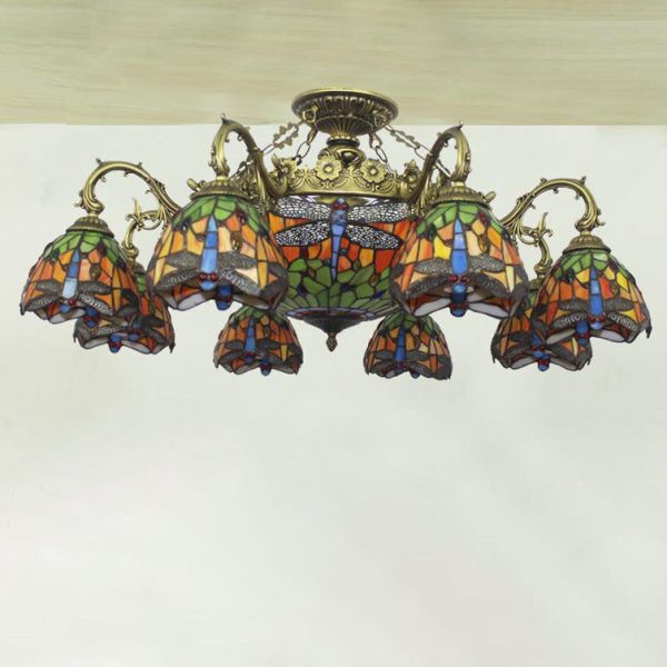 Tiffany Retro Beige Baroque Stained Glass 11-Light Semi-Flush Mount Ceiling Light - Image 11