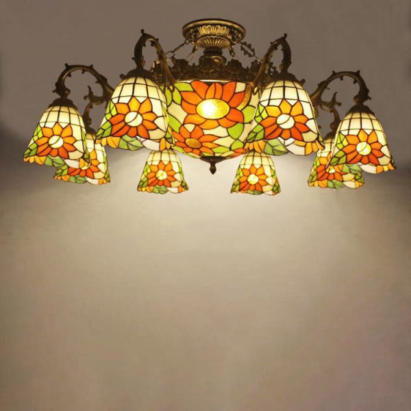 Tiffany Retro Beige Baroque Stained Glass 11-Light Semi-Flush Mount Ceiling Light - Image 3