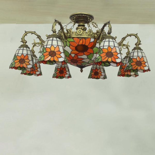 Tiffany Retro Beige Baroque Stained Glass 11-Light Semi-Flush Mount Ceiling Light - Image 12