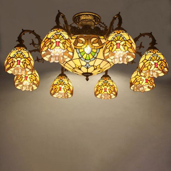 Tiffany Retro Beige Baroque Stained Glass 11-Light Semi-Flush Mount Ceiling Light - Image 5