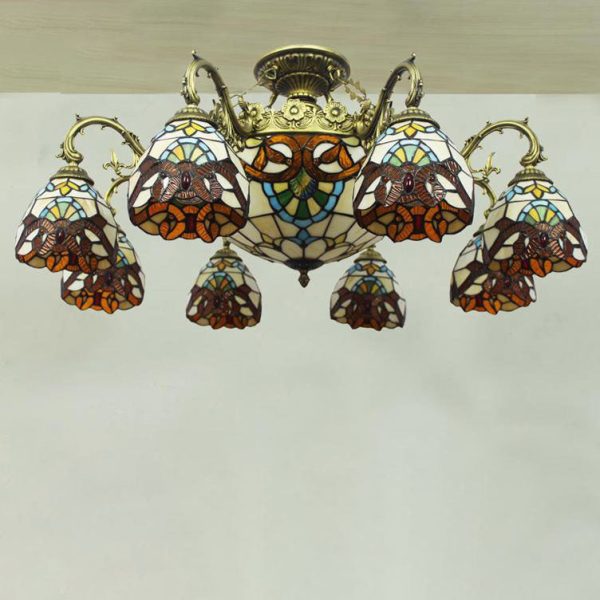 Tiffany Retro Beige Baroque Stained Glass 11-Light Semi-Flush Mount Ceiling Light - Image 10