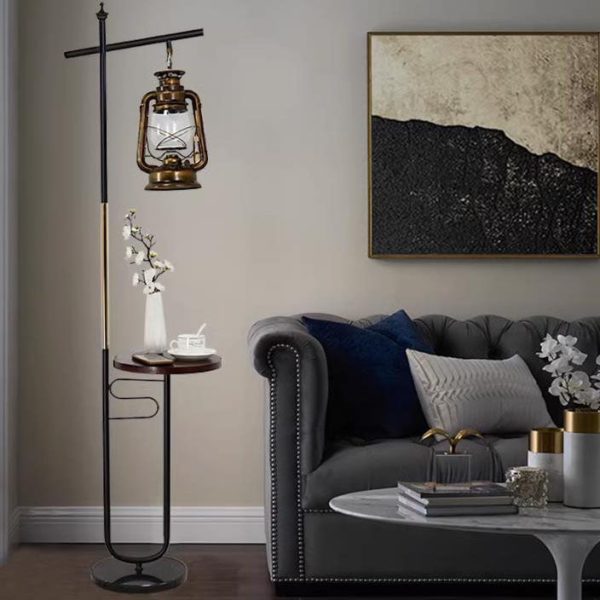 European Vintage Simple Lantern Table Iron Wood Marble 1-Light Standing Floor Lamp - Image 2