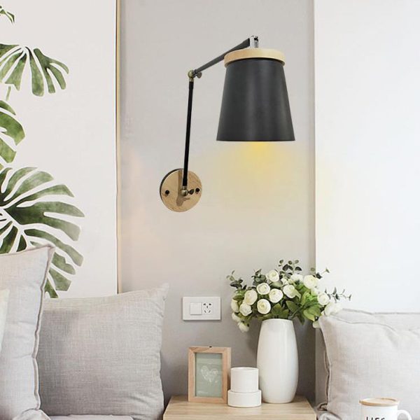 Contemporary Scandinavian Solid Wood Iron Cylinder Shade 1-Light Wall Sconce Lamp For Bedroom - Image 2