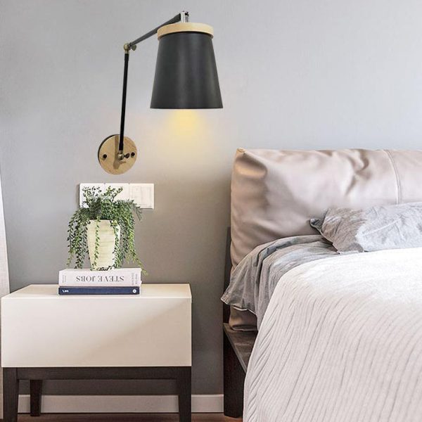 Contemporary Scandinavian Solid Wood Iron Cylinder Shade 1-Light Wall Sconce Lamp For Bedroom - Image 3