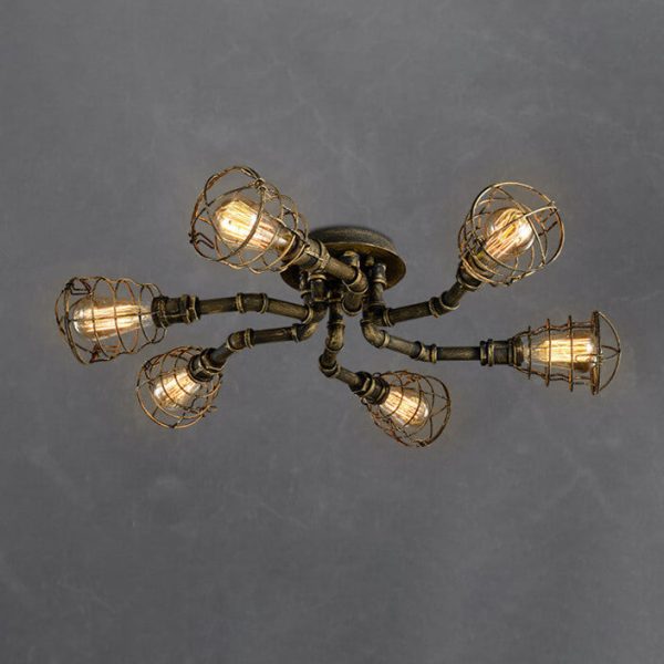 Industrial Vintage Water Pipe Round Iron 4/6/8 Light Flush Mount Ceiling Light - Image 15
