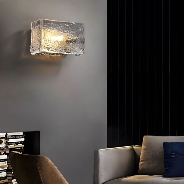 Elegant Rectangular Ripple Glass Bedside Wall Lamp - Modern Brass Fixture - Image 3