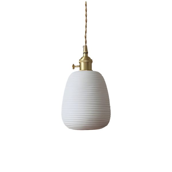 Round Striped Handmade Ceramic Shade Brass Ins Japanese Style Chandelier - Image 9