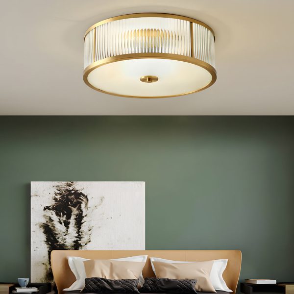 Drum Brass Flush Mount Ceiling Light Clear Ribbed Glass Lamp for Bedroom - Image 3