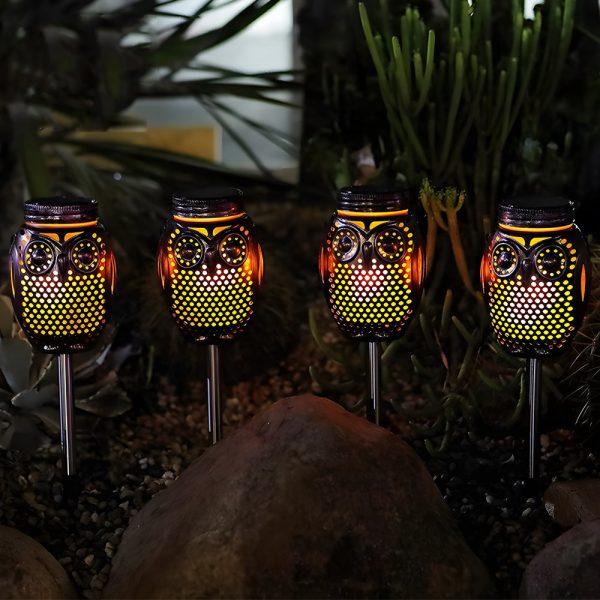 2-Pack Solar Lanterns Flickering Flame Metallic Owl Stake Solar Lights Garden Landscape Lights for Outdoor Decor - Image 2