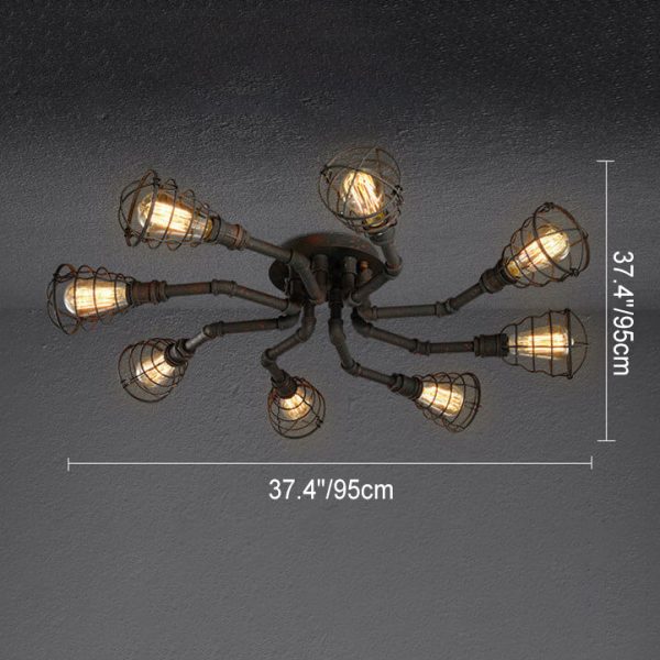 Industrial Vintage Water Pipe Round Iron 4/6/8 Light Flush Mount Ceiling Light - Image 5