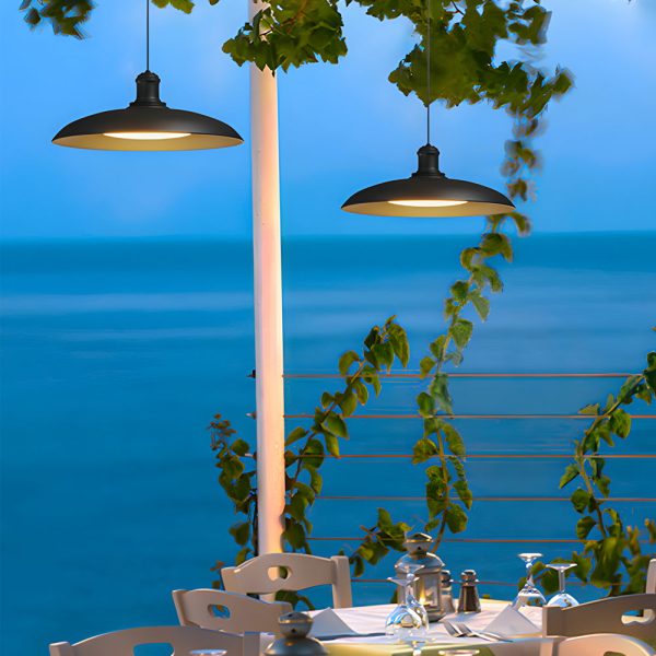 Round Black Hanging Outdoor Pendant Light - Metal Saucer-Shaped - Image 2