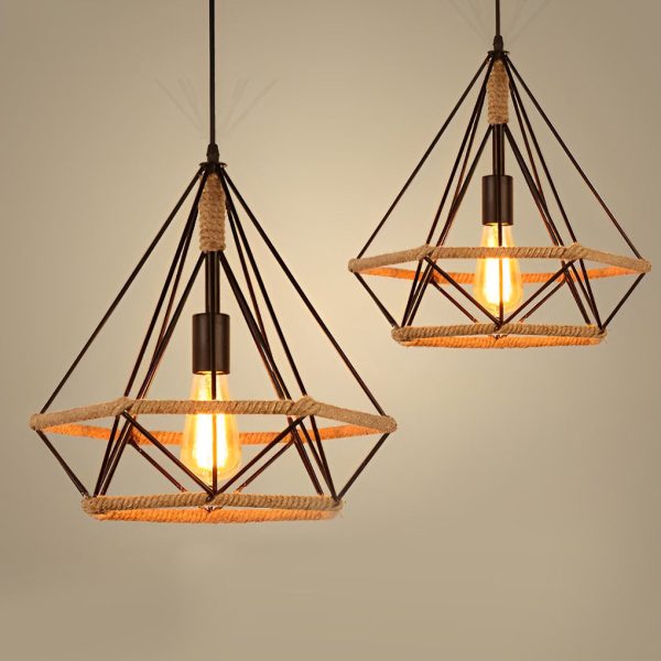 Geometric Creative Iron Rope Lantern Shape Black Rustic Chandelier Pendant Lights - Image 7
