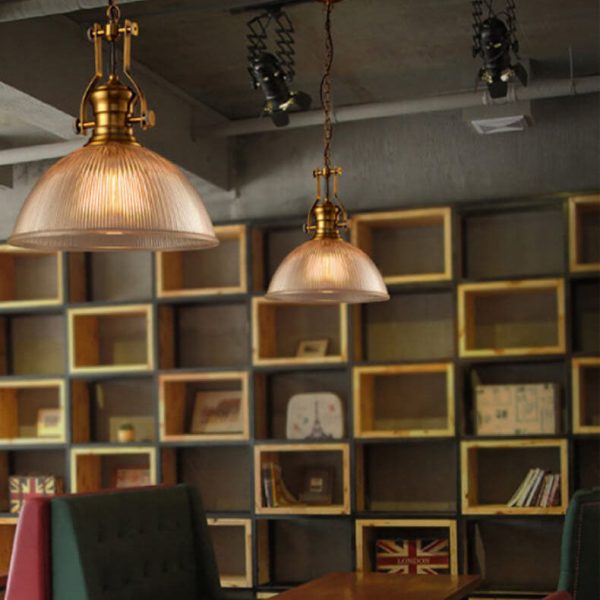 Vintage Industrial Striped Glass 1-Light Dome Pendant Light - Image 4