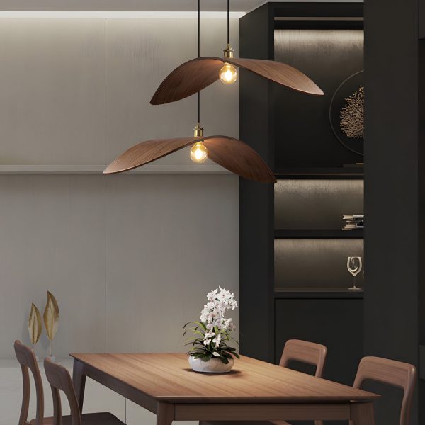 Wabi-sabi Walnut Bar Chandelier Leaf Curve Wooden Pendant Light - Image 5