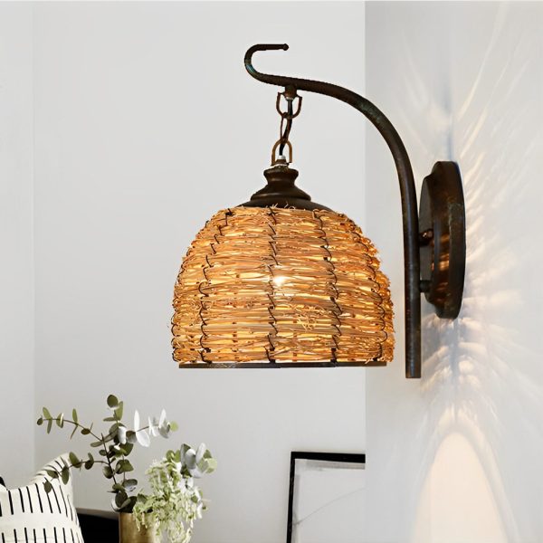 Hand Weaving Rattan Grass Iron Retro Rustic Wall Lamp Wall Light Fixture - Image 3
