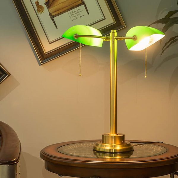 Vintage Green All Brass 2-Light Bank Pull Cord Touch Table Lamp - Image 15