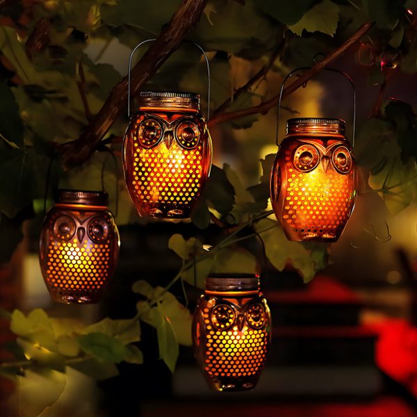 2-Pack Solar Lanterns Flickering Flame Metallic Owl Stake Solar Lights Garden Landscape Lights for Outdoor Decor - Image 3