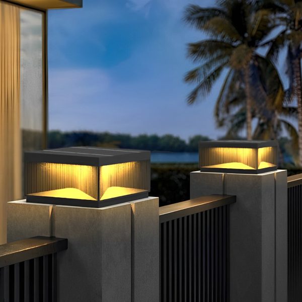 Square Metal Striped Decor LED Waterproof Black Solar Fence Post Light - Image 3